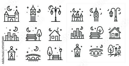 Urban landscape outline icons set – city, architecture, park and street symbols