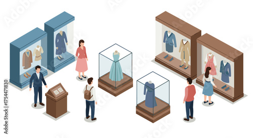 Isometric museum exhibit with fashion displays and visitors