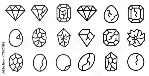 Gemstone and mineral outline icons set – flat, solid, jewel and crystal symbols