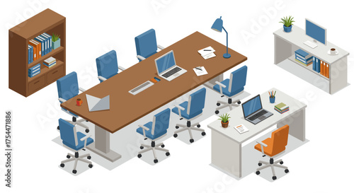 Isometric office workspace with conference table, chairs, laptops, and bookshelves