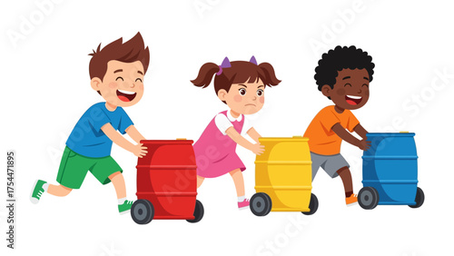 Joyful Journey: A playful scene of diverse children engaged in collaborative play, pushing colorful barrel wagons forward, embodying the spirit of teamwork and childhood fun.