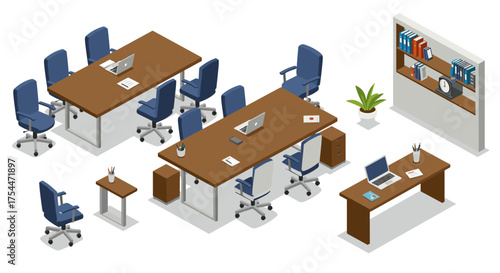 Modern isometric office workspace with tables, chairs, and bookshelf