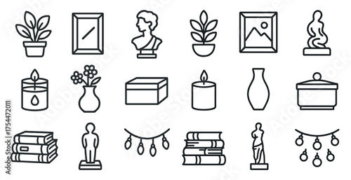 Home decor outline icons set – minimalist, elegant, interior design symbols