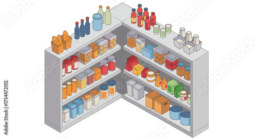 Isometric pantry shelves with assorted colorful food products and packaging