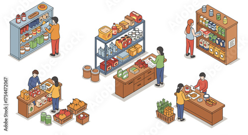 Isometric grocery shopping scenes featuring people and products in a retail environment