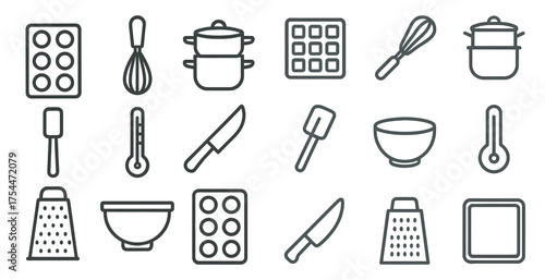 Kitchen and cooking outline icons set – culinary, flat, chef tools and utensils