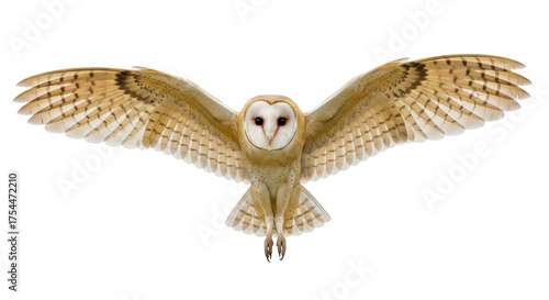 Canvas Print Isolated Barn Owl in Flight Posing Full Front with its Wings Spread and Feathers