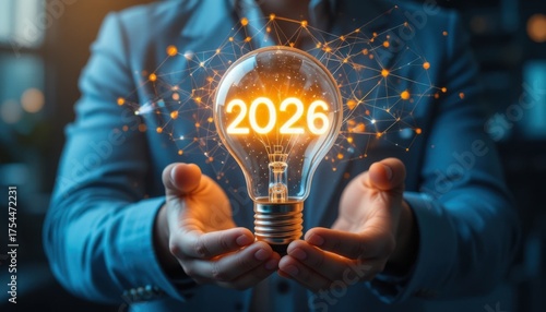 A pair of hands, belonging to a smartly dressed individual in a business suit, gently cradling a lit incandescent lightbulb that clearly displays 