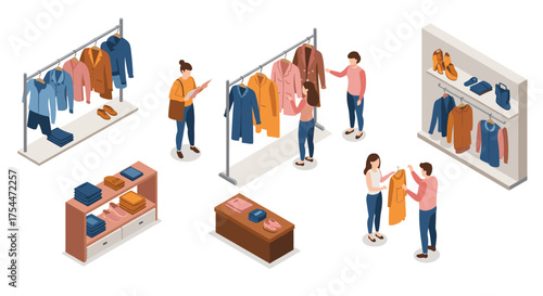 Isometric fashion store interior with shopping customers and clothing displays