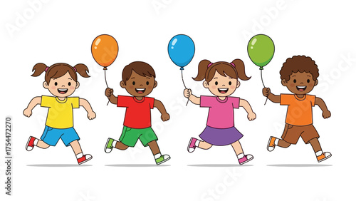 Joyful Childhood: Four children happily run, each holding a colorful balloon, embodying the pure joy and excitement of childhood. The scene is animated.