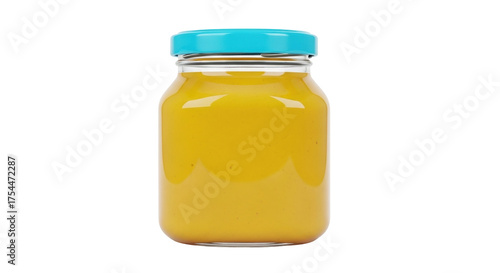 Isolated yellow baby food in glass jar with teal lid for healthy eating, ready to eat