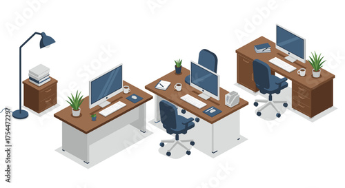 Modern isometric office workspace design with desks and computers
