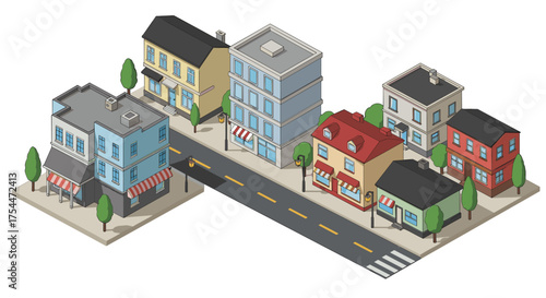 Colorful isometric urban street with buildings and trees