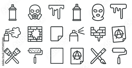 Street art line icons set – graffiti, outline, urban and spray paint symbols