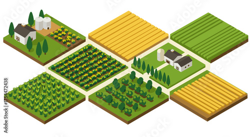 Isometric farm landscape with fields of corn, wheat, and sunflowers
