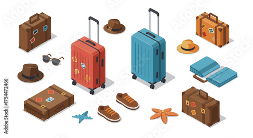 Travel essentials in isometric style featuring suitcases and accessories