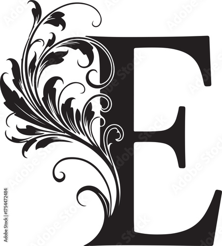 Elegant flourish embellished capital letter e monogram decorative alphabet ornament design