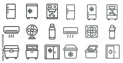 Refrigeration and cooling line icons set – outline, appliance, climate control design