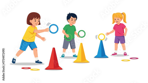 Kids Playing Ring Toss: Illustrative scene of kids playing a fun game with colorful rings and cones, enjoying outdoor recreation and playful interaction.