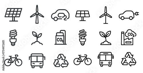 Sustainable energy outline icons set – linear, eco-friendly, renewable power symbols