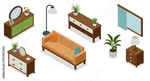 Modern isometric living room furniture set with sofa, plants, and decor elements