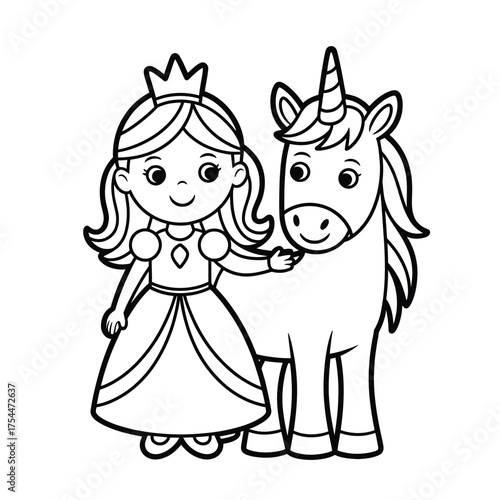 Charming princess and unicorn friendship line art vector illustration for coloring and design silhouette White background