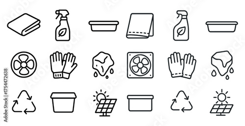 Cleaning and sustainability line icons set – outline, eco-friendly, sanitation symbols