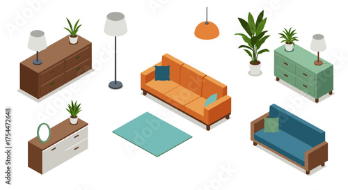 Modern isometric room furniture set with orange sofa and green plants