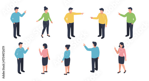 Diverse isometric characters in standing and pointing poses on white background