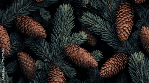 Pine cones seamless pattern, realistic evergreen branches and brown cones on dark background