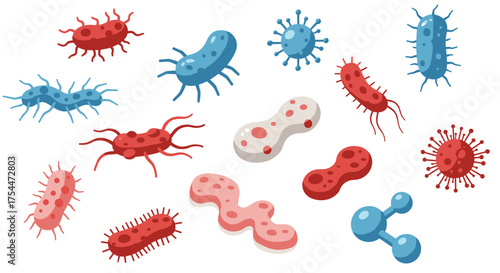 Colorful collection of microorganisms and bacteria in flat design