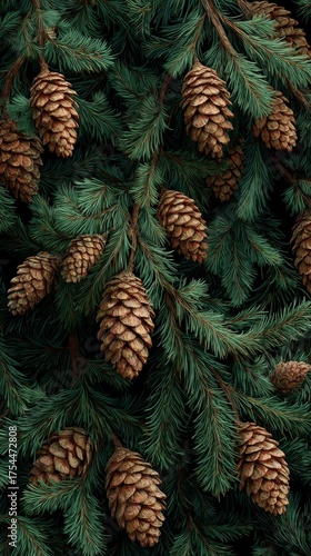 Pine cones seamless pattern, lush evergreen branches and natural brown cones