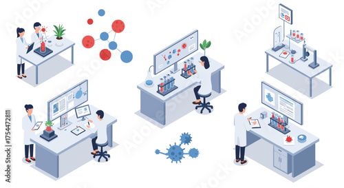 Isometric lab scenes depicting scientists conducting experiments with laboratory equipment