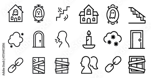 Haunted house outline icons set – creepy, spooky, ghostly symbols collection