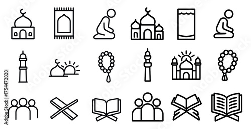Islamic line icons set – outline, religious, mosque, and faith symbols