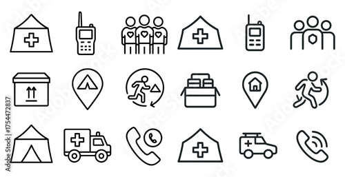 Emergency and rescue outline icons set – linear, silhouette, crisis and safety visuals