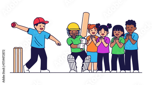 Cricket Game Illustration: A vibrant illustration capturing a lively cricket match scene, showcasing a diverse group of children, engaged in a friendly game, filled with energy and fun.