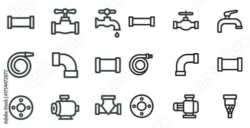 Plumbing and fixtures outline icons set – linear, pipe, water supply symbols