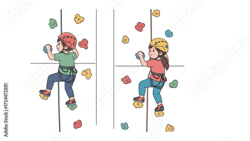 Scaling New Heights: Two young climbers, clad in helmets and harnesses, ascend colorful climbing walls, epitomizing focus, determination, and physical prowess in an indoor setting.