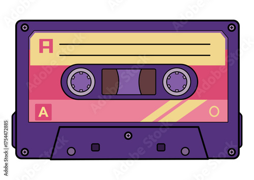 Retro audio cassette tape with colorful label. Vintage music media for sound recording and playback. Outdated technology.