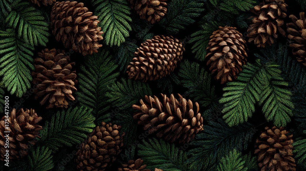 Fototapeta premium Pine cones seamless pattern, detailed evergreen branches background