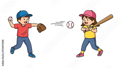 Play Ball: A young boy and girl are deeply engrossed in a baseball game, each poised and focused on their individual tasks within the game.