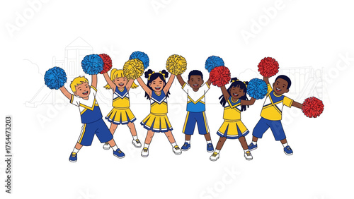 Cheerful Cheerleaders with Pom-poms: Cheerful young cheerleaders in vibrant uniform, with pom-poms raised high, exuding energy and spirit. Capturing the joy and teamwork