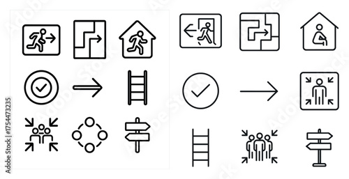 Emergency evacuation line icons set – outline, linear safety symbols