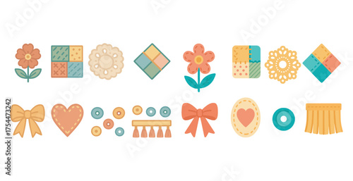 Craft and sewing flat icons set – stitching, embroidery, diy elements and patterns