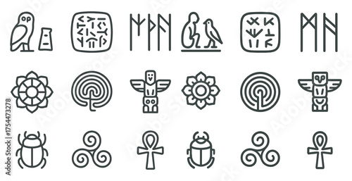 Ancient symbols outline icons set – line, silhouette, historical and cultural emblems