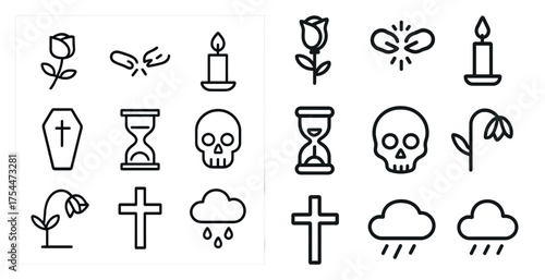 Funeral and mourning outline icons set – linear, silhouette, memorial symbols