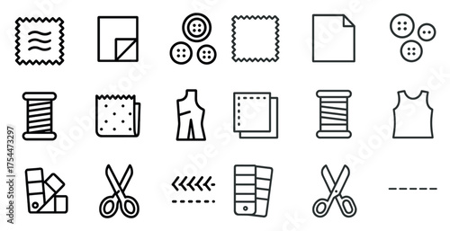 Sewing and tailoring outline icons set – linear, stitched, design and craft tools