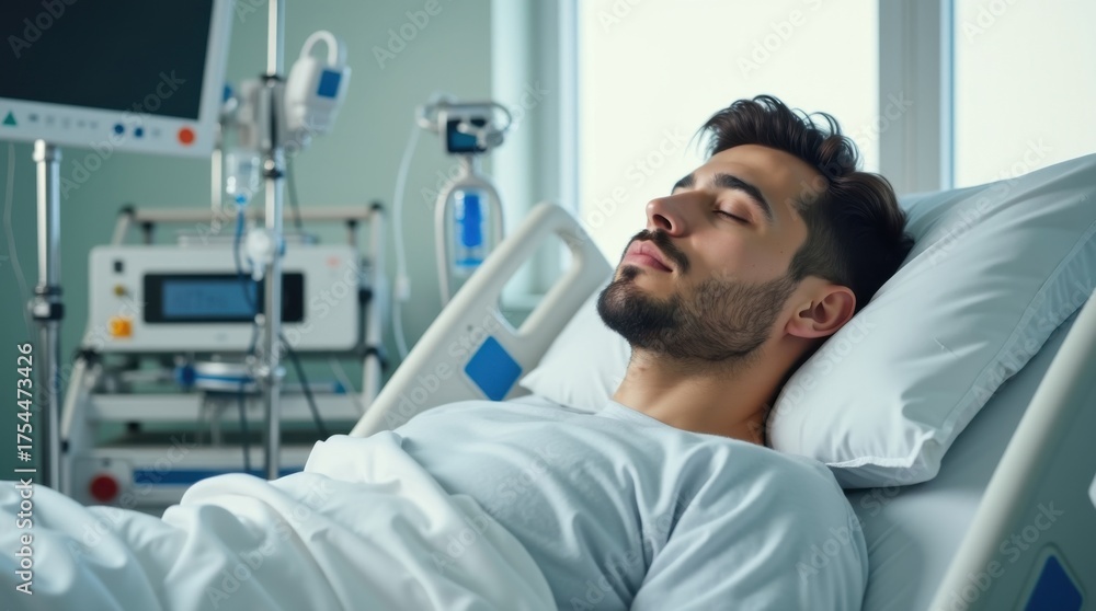 Fototapeta premium Hombre joven recostado cómodamente en una cama de hospital recuperándose de una cirugía