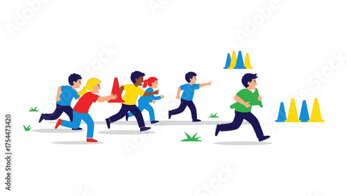 Racing to Victory: A dynamic illustration depicts children engaged in an exciting race, their bodies radiating energy and determination as they sprint towards the finish.
